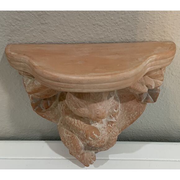 Vtg Terracotta Peach Bunny Rabbit Floral Botanical Spring Wall Shelf Sconce - Picture 5 of 8